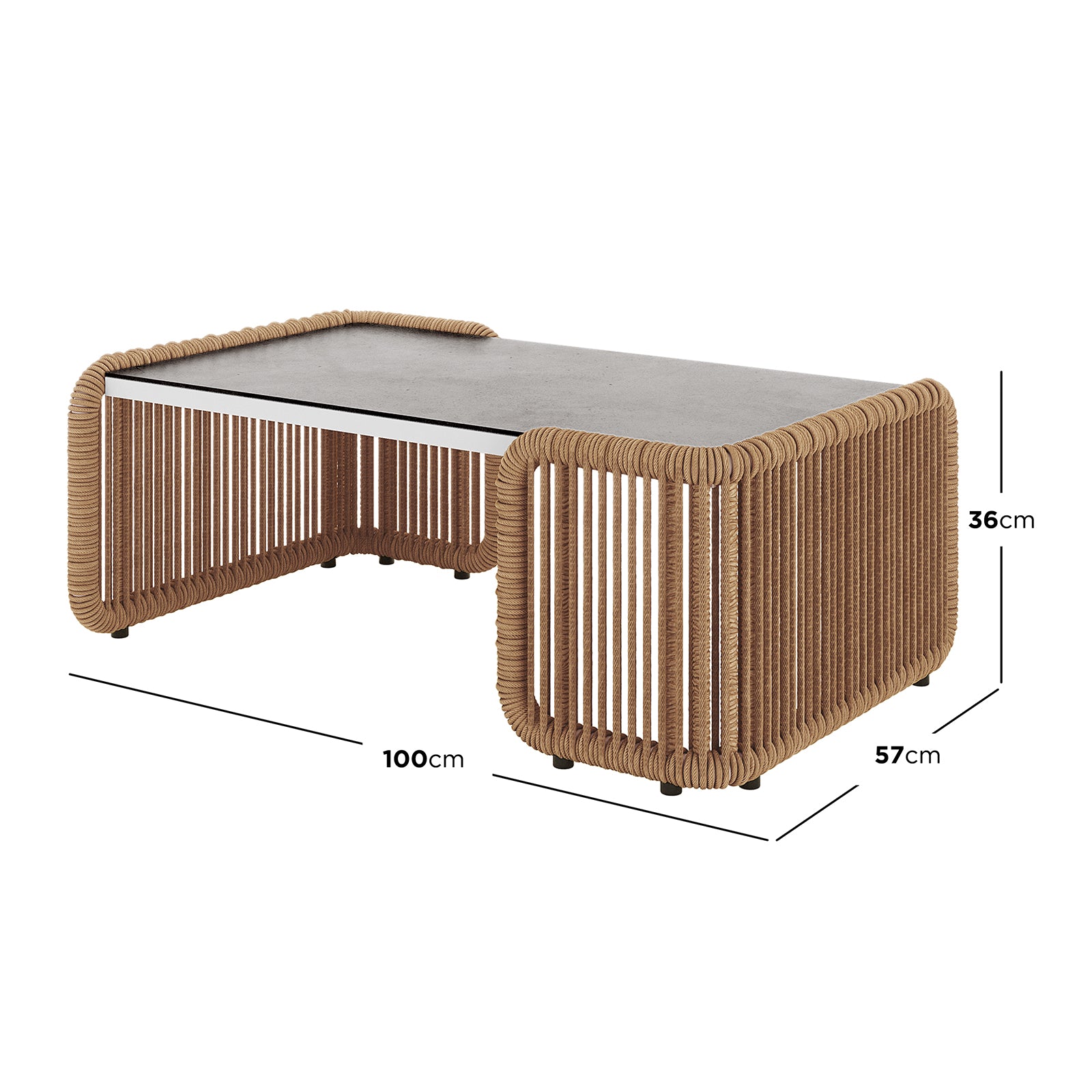 Avon 5-Seater Premium Aluminium Rattan Outdoor Lounge Set features close-up details of the sturdy rope weave, durable aluminium frame, and elegant table dimensions, showcasing its luxurious design and craftsmanship.