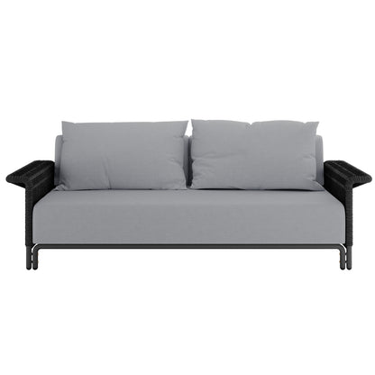 Avon 5-Seater Premium Aluminium Rattan Outdoor Lounge Set showcasing close-ups of the durable rattan weave and plush Olefin cushions, highlighting luxurious design and weather-resistant materials for outdoor relaxation.