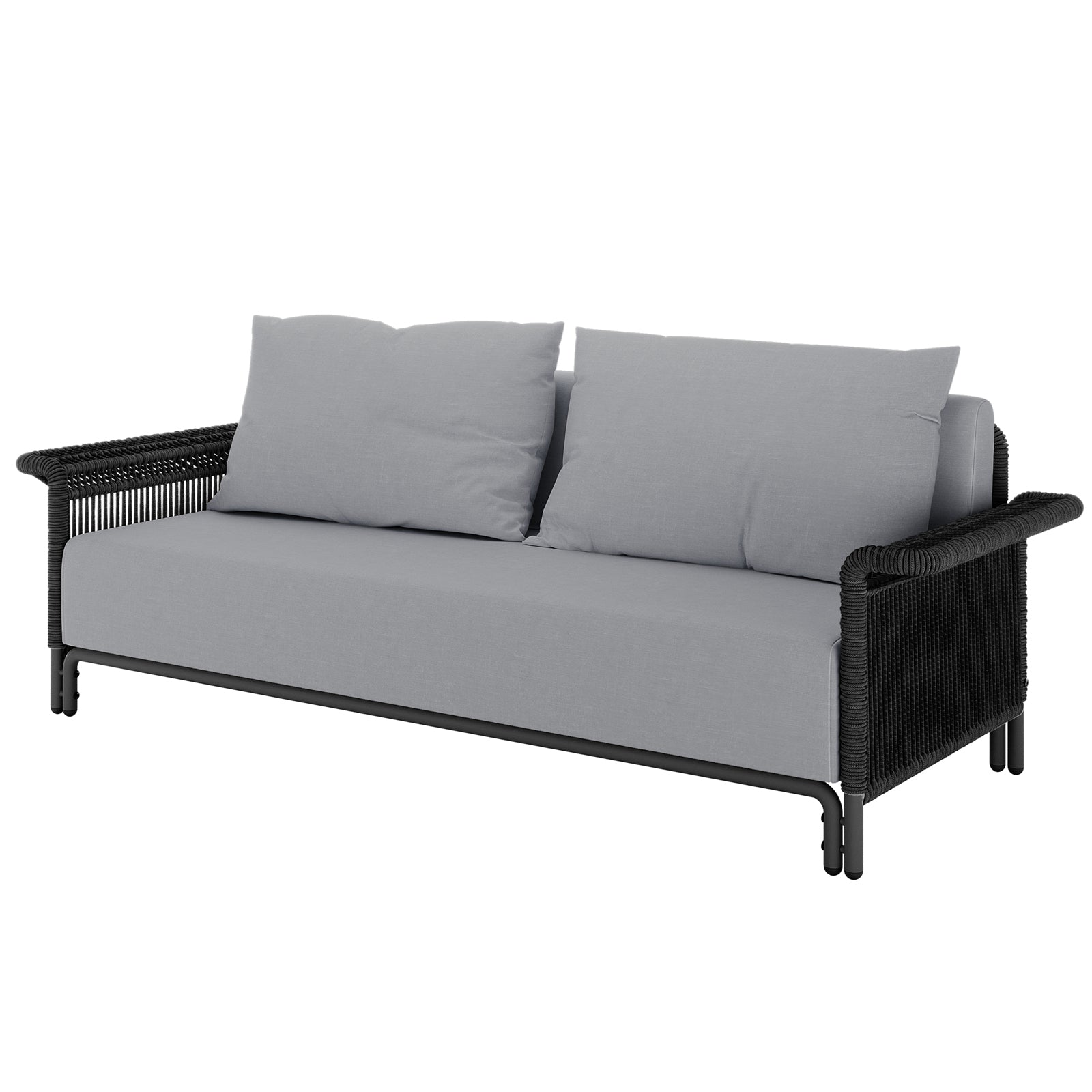Avon 5-Seater Premium Aluminium Rattan Outdoor Lounge Set Grey, featuring plush cushions on a weather-resistant rattan frame, displayed on a grey couch, embodying luxurious outdoor relaxation and durability.