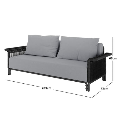 Avon 5-Seater Premium Aluminium Rattan Outdoor Lounge Set Grey, featuring a grey sofa with black legs, showcasing plush cushions and elegant design, perfect for outdoor relaxation and social gatherings.