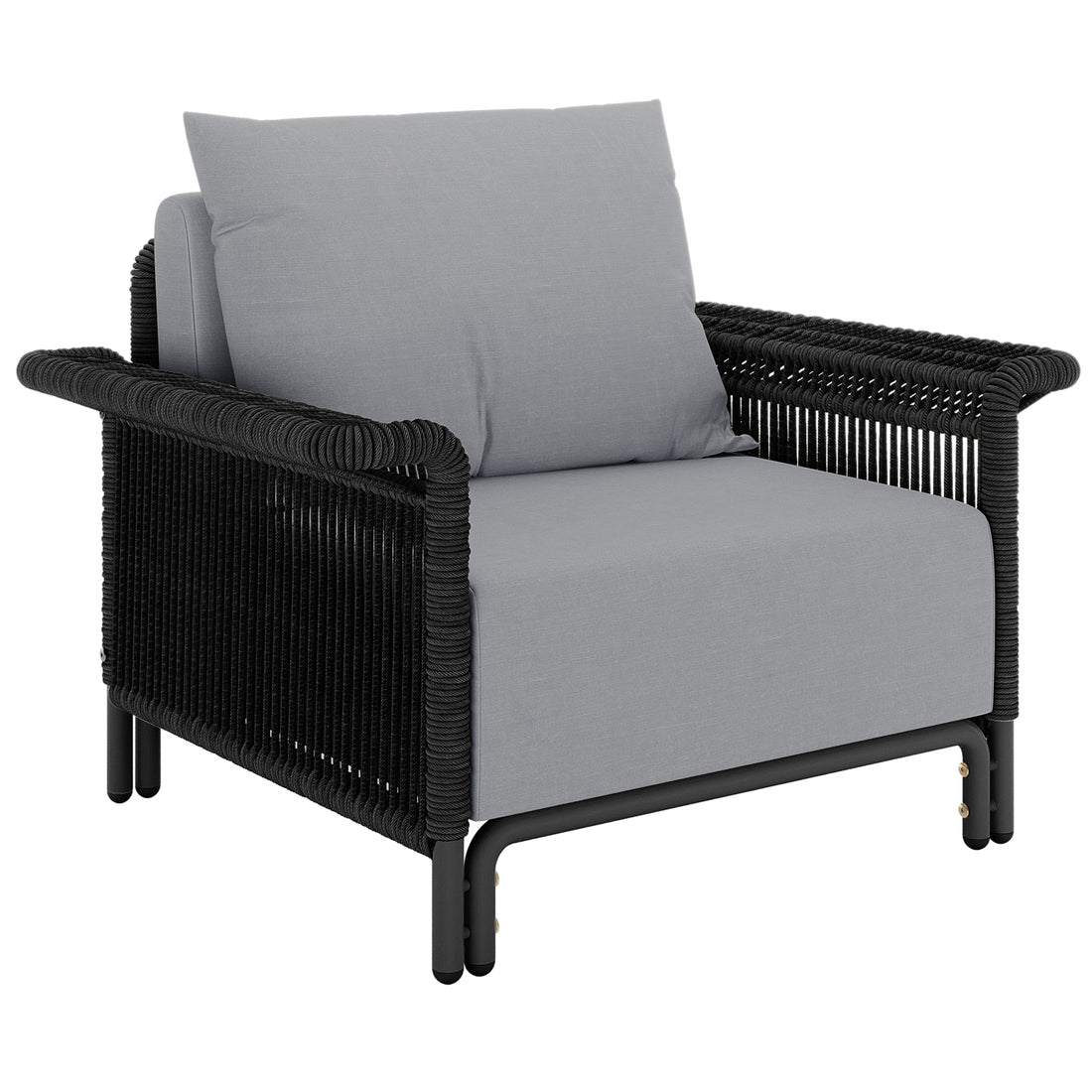 Avon 5-Seater Premium Aluminium Rattan Outdoor Lounge Set Grey featuring a close-up of a plush couch and two chairs with pillows, highlighting its durable rattan and elegant design.