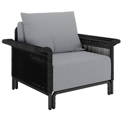 Avon 5-Seater Premium Aluminium Rattan Outdoor Lounge Set Grey featuring a close-up of a plush couch and two chairs with pillows, highlighting its durable rattan and elegant design.