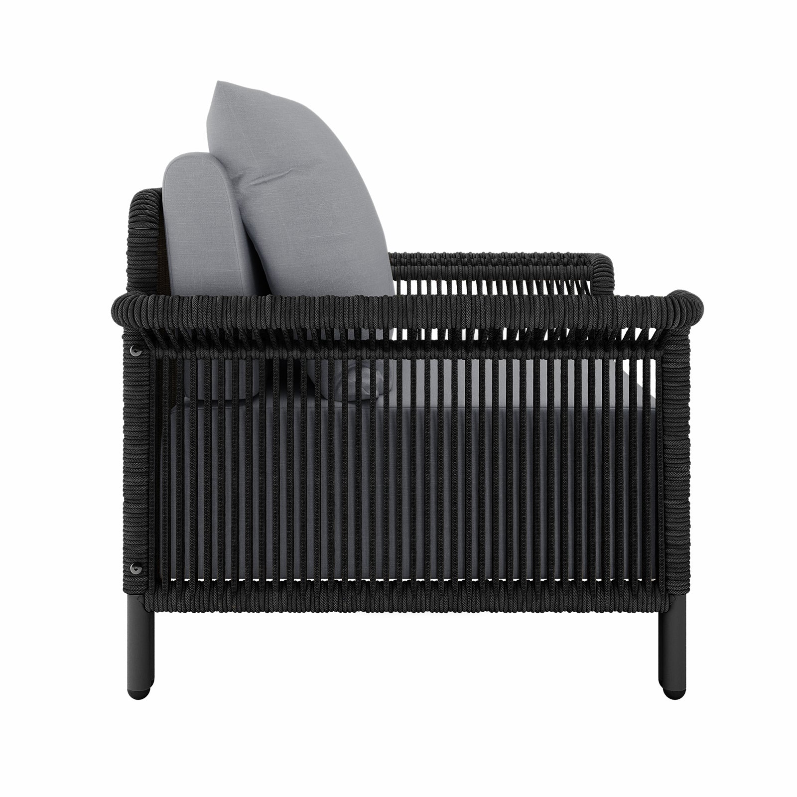 Avon 5-Seater Premium Aluminium Rattan Outdoor Lounge Set Grey featuring a grey pillow on a black chair, highlighting its elegant design and durable construction for luxurious outdoor relaxation.