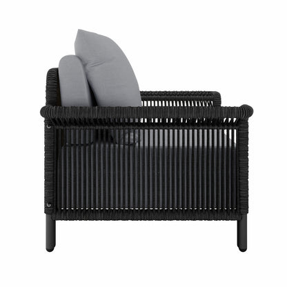 Avon 5-Seater Premium Aluminium Rattan Outdoor Lounge Set Grey featuring a grey pillow on a black chair, highlighting its elegant design and durable construction for luxurious outdoor relaxation.
