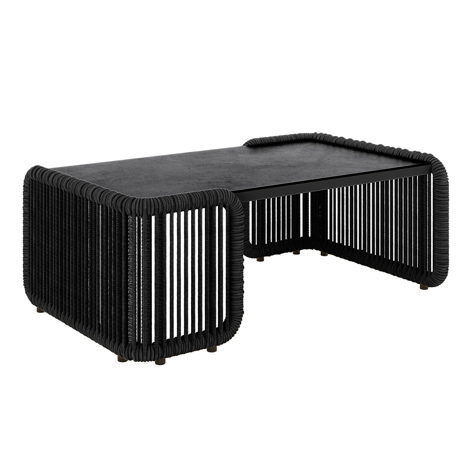 Avon 5-Seater Premium Aluminium Rattan Outdoor Lounge Set displayed on a black table, showcasing its durable rattan weave and elegant design, ideal for transforming outdoor spaces with comfort and style.