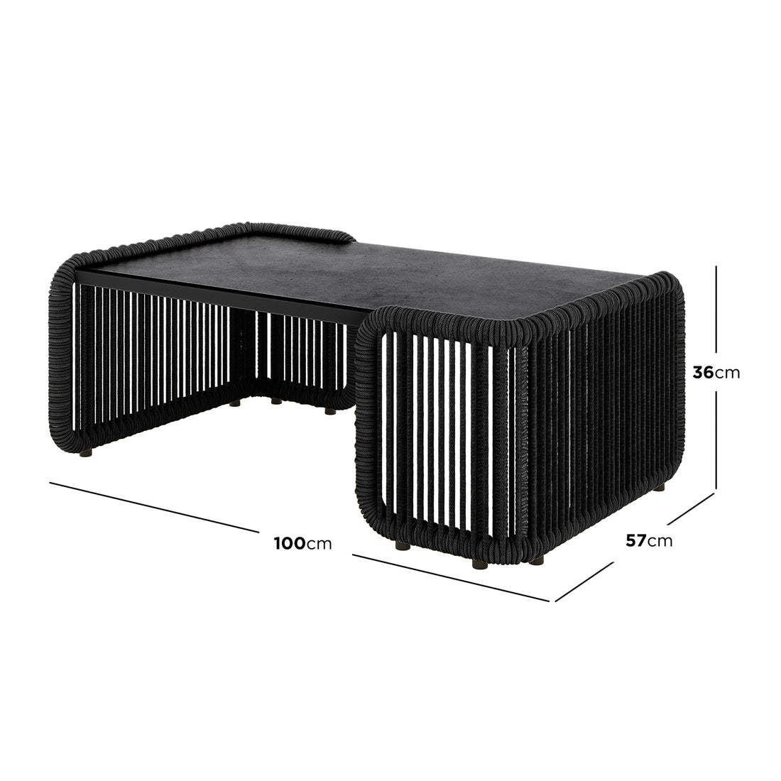 Avon 5-Seater Premium Aluminium Rattan Outdoor Lounge Set Grey, featuring a close-up of robust rope detailing, elegant black tabletop with precise measurements, and meticulous sketch designs, showcasing luxurious outdoor comfort and durability.