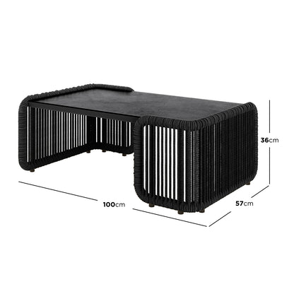 Avon 5-Seater Premium Aluminium Rattan Outdoor Lounge Set Grey, featuring a close-up of robust rope detailing, elegant black tabletop with precise measurements, and meticulous sketch designs, showcasing luxurious outdoor comfort and durability.