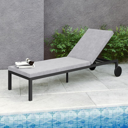 Bahiya Aluminium Outdoor Sunbed with Cushion Dark Grey, showcasing its sleek design, sturdy aluminium frame, thick cushion, and built-in wheels, ideal for enhancing any outdoor space.