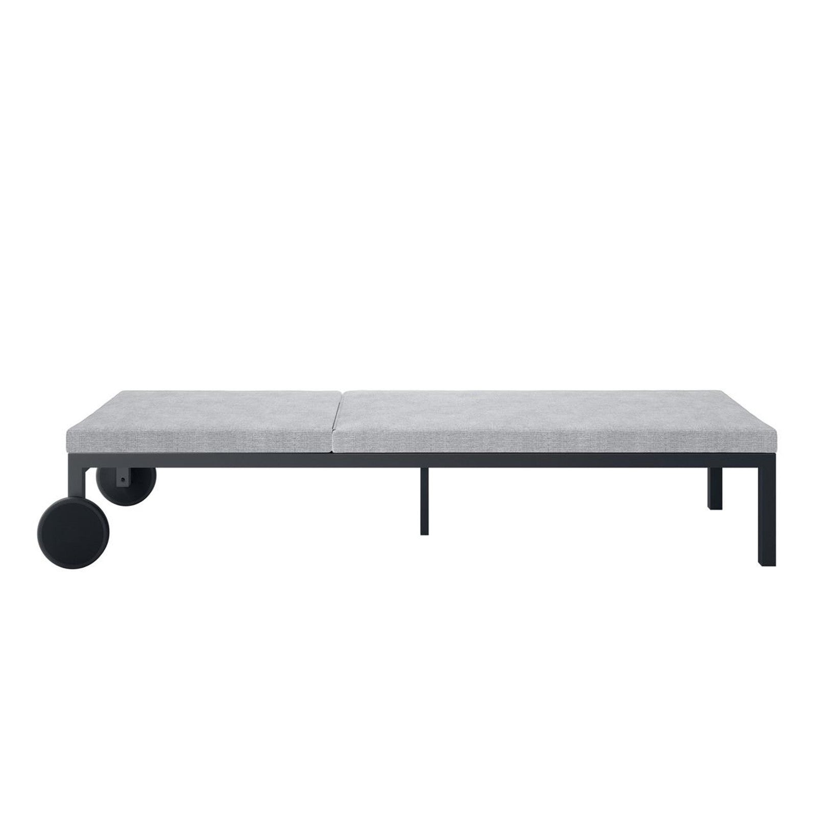 Bahiya Aluminium Outdoor Sunbed with Cushion Dark Grey, highlighting its sturdy aluminium frame, thick cushion, and built-in wheels for easy mobility and adjustable reclining positions.