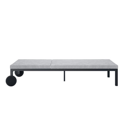 Bahiya Aluminium Outdoor Sunbed with Cushion Dark Grey, highlighting its sturdy aluminium frame, thick cushion, and built-in wheels for easy mobility and adjustable reclining positions.