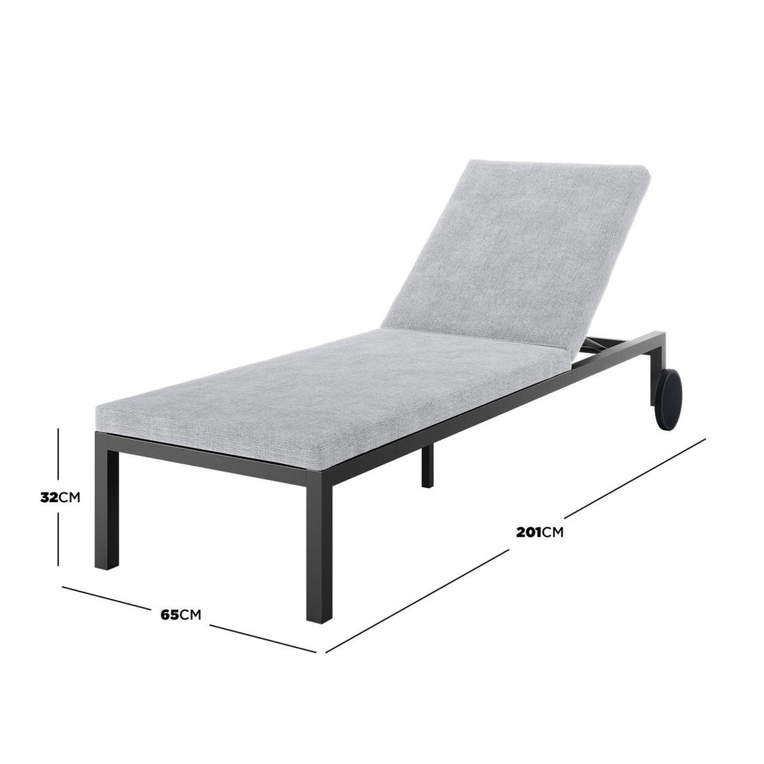 Bahiya Aluminium Outdoor Sunbed with Cushion Dark Grey, featuring a sleek, modern design with a sturdy aluminium frame and plush cushion, shown close-up highlighting its durable construction and ergonomic shape.
