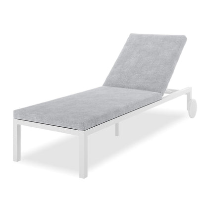 Bahiya Aluminium Outdoor Sunbed with Cushion White, showcasing its sturdy build, adjustable positions, and plush cushion for optimal outdoor relaxation.
