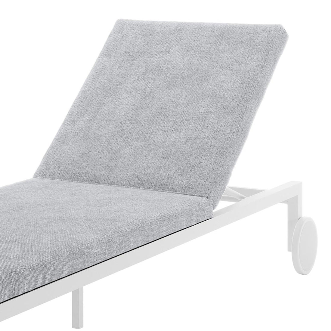 Bahiya Aluminium Outdoor Sunbed with Cushion features a sleek, adjustable design, showcasing a robust aluminium frame and plush cushion, perfect for lounging. The close-up highlights its modern lines and craftsmanship.