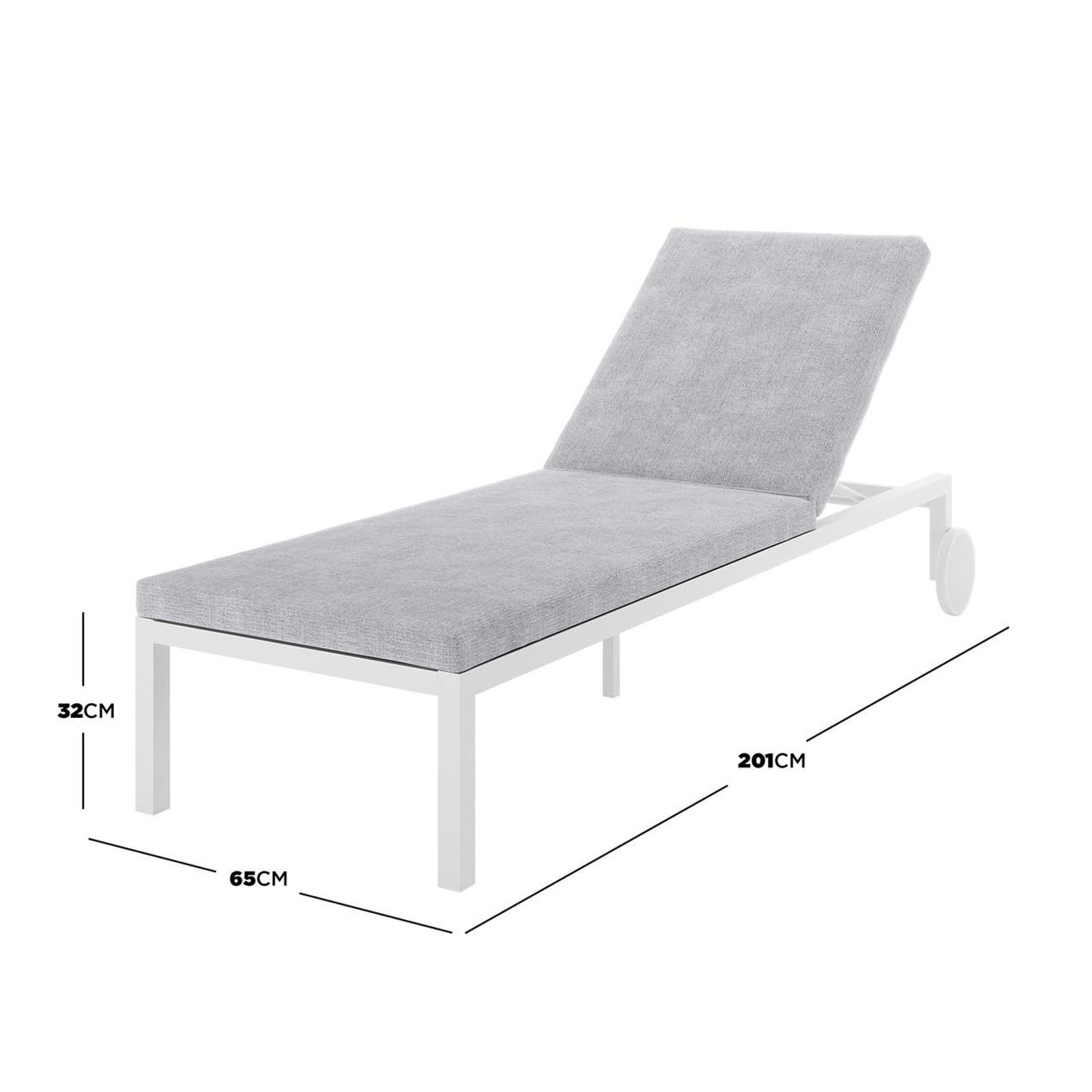 Bahiya Aluminium Outdoor Sunbed with Cushion, showcasing its sleek design, sturdy aluminium frame, thick cushion, and adjustable reclining positions, emphasizing comfort and modern style.