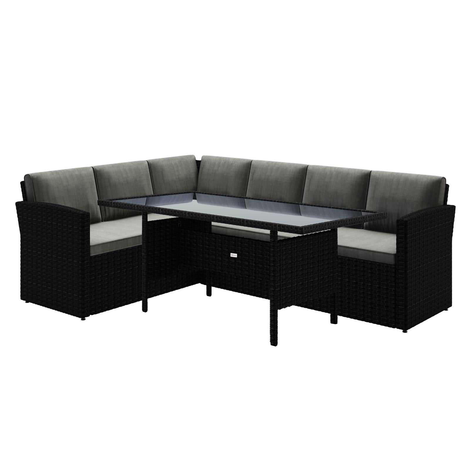 Ballena 6 Seater Wicker Outdoor Dining Sofa Set – Dark Grey/Black features a close-up of a woven wicker seat with padded cushions, showcasing the modern design of this stylish and comfortable outdoor furniture set.