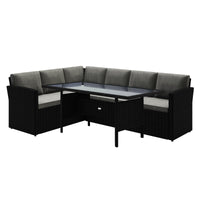 Ballena 6 Seater Wicker Outdoor Dining Sofa Set – Dark Grey/Black features a close-up of a woven wicker seat with padded cushions, showcasing the modern design of this stylish and comfortable outdoor furniture set.