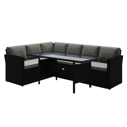 Ballena 6 Seater Wicker Outdoor Dining Sofa Set – Dark Grey/Black features a close-up of a woven wicker seat with padded cushions, showcasing the modern design of this stylish and comfortable outdoor furniture set.