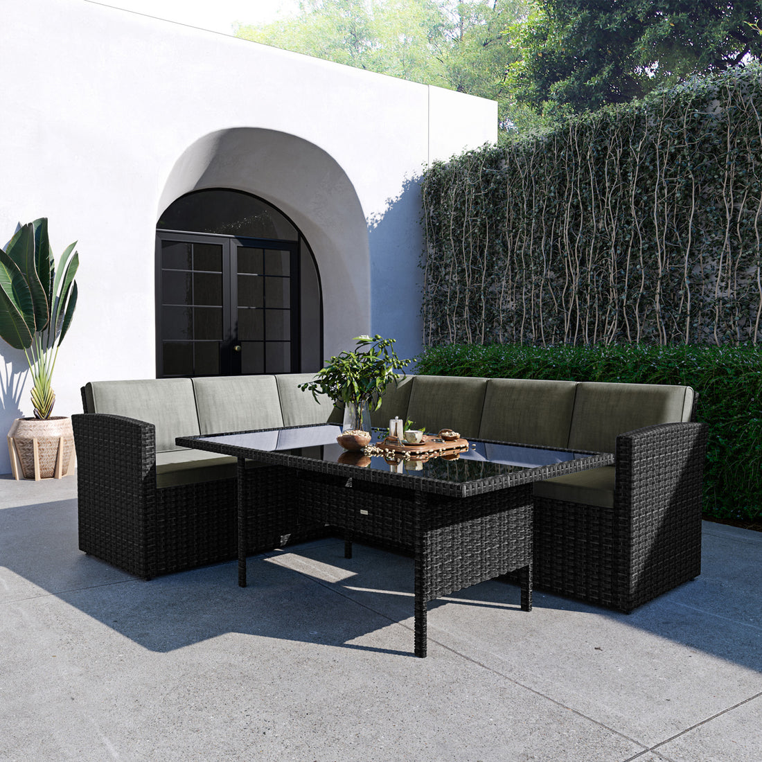 Ballena Seater Black Wicker Outdoor Dining Set in Dark Grey