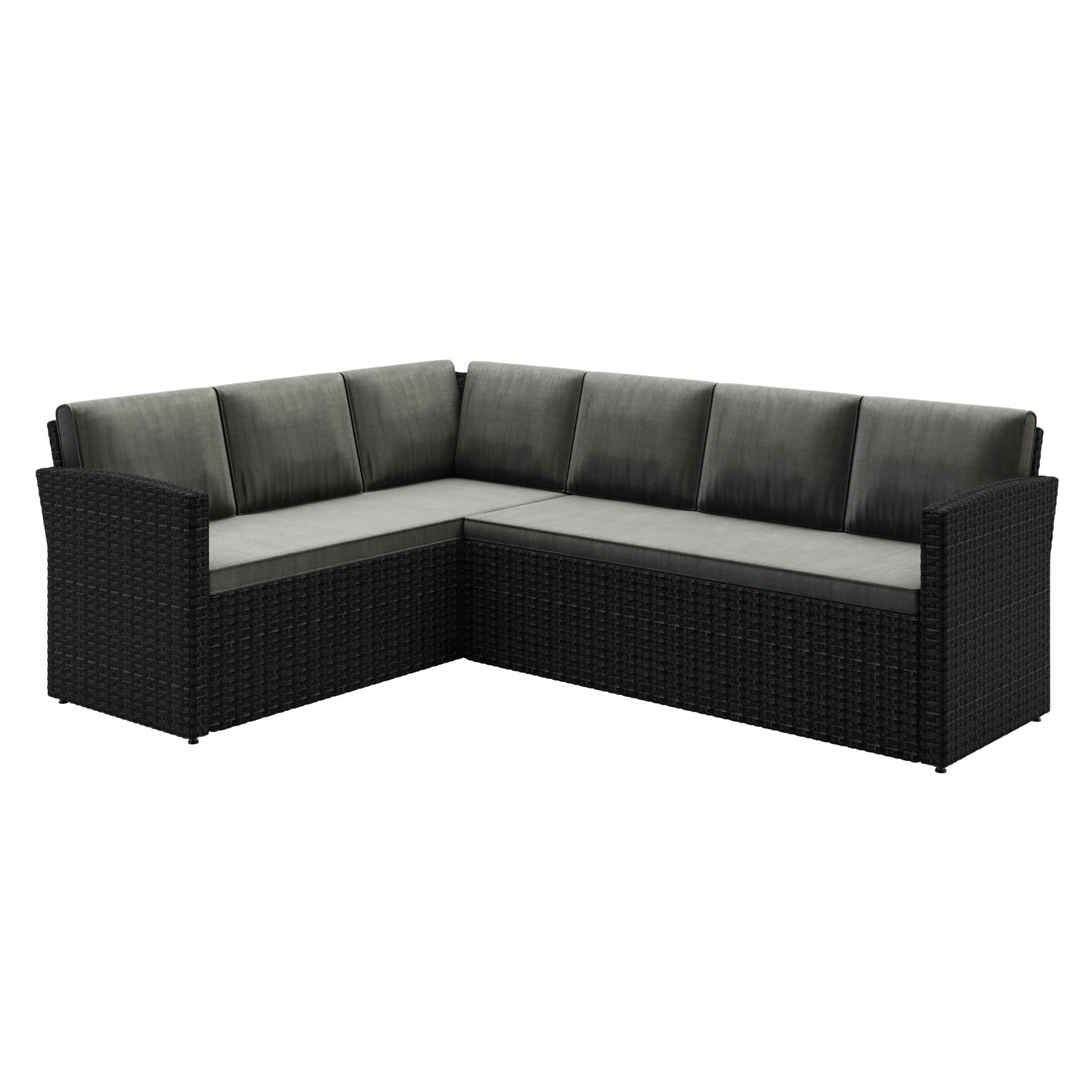 Ballena 6 Seater Wicker Outdoor Dining Sofa Set – Dark Grey/Black features close-up views of a woven basket texture, emphasizing its modern design with thick cushions and a sleek glass-topped table.