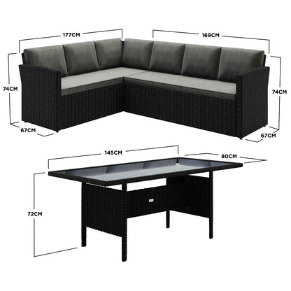Close-up of the Ballena 6 Seater Wicker Outdoor Dining Sofa Set, highlighting the grey cushions and woven wicker detailing, emphasizing its modern design and comfortable seating with a matching glass-topped dining table.