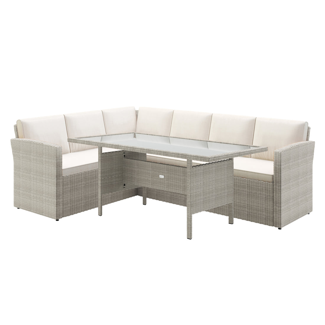 Ballena 6 Seater Wicker Outdoor Dining Sofa Set – Warm Grey/Light Beige, featuring a close-up of its woven PE wicker texture with thick, padded cushions, showcasing its modern, comfortable design.