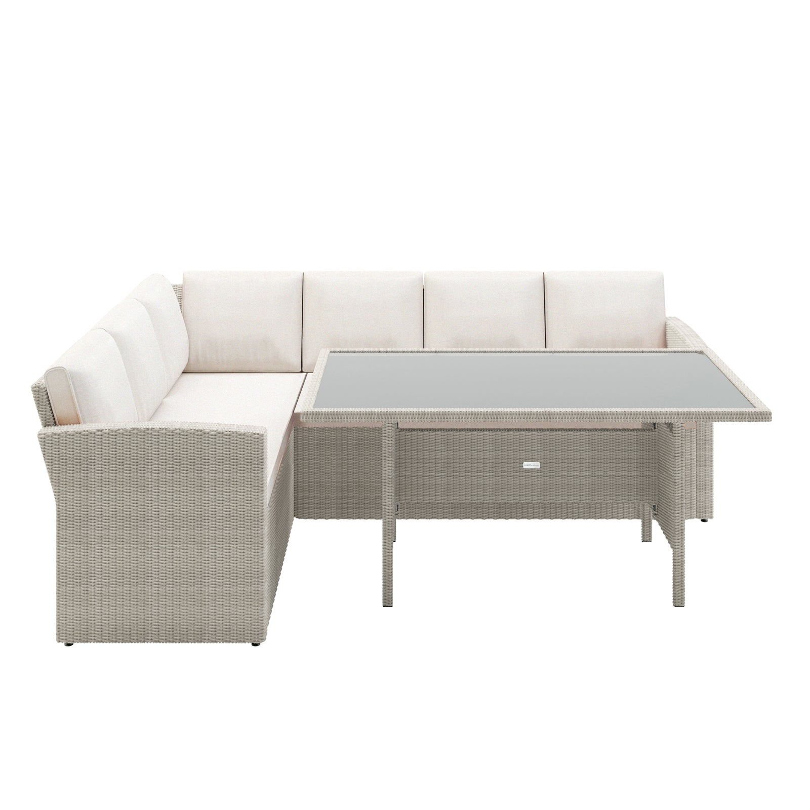 Ballena 6 Seater Wicker Outdoor Dining Sofa Set – Warm Grey/Light Beige, showcasing a close-up of the wicker sofa's woven texture and padded cushions, highlighting its modern design and comfortable seating.