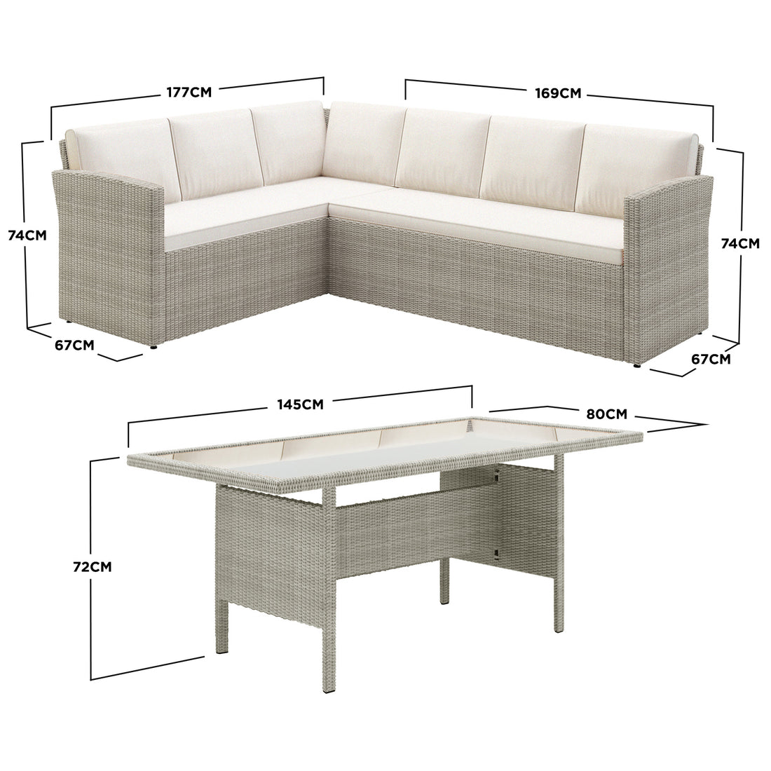 Close-up of the Ballena 6 Seater Wicker Outdoor Dining Sofa Set showcasing the woven wicker texture and padded cushions, highlighting its contemporary design and comfortable seating for outdoor dining.