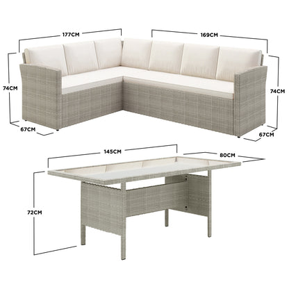 Close-up of the Ballena 6 Seater Wicker Outdoor Dining Sofa Set showcasing the woven wicker texture and padded cushions, highlighting its contemporary design and comfortable seating for outdoor dining.