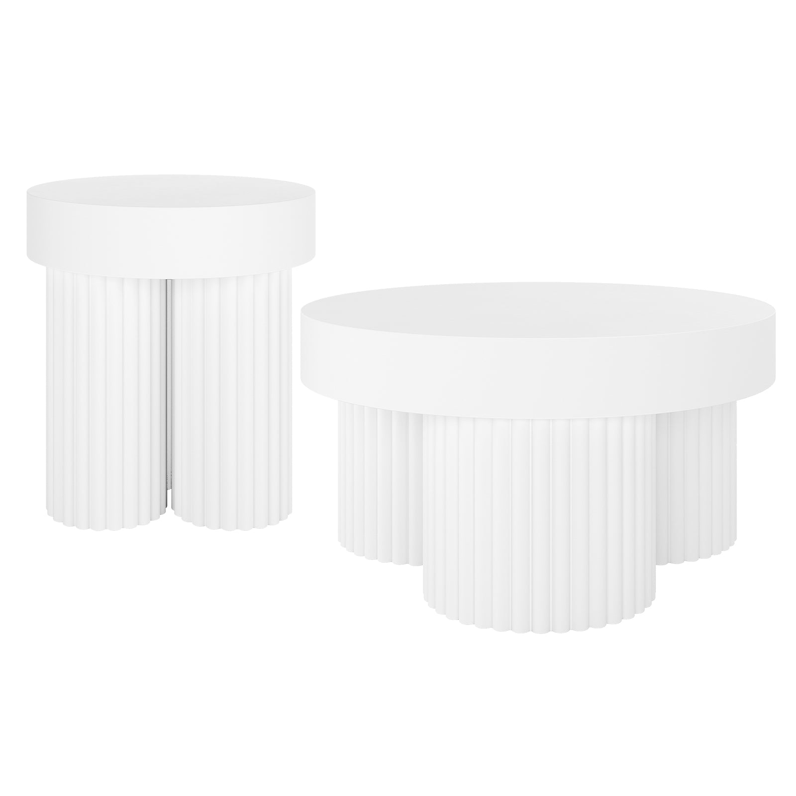 Basalt & Salvo Outdoor Concrete Coffee Table Set in White features a tall, narrow table with semi-circular fluted legs and a larger, lower table with three clover-arranged fluted columns.