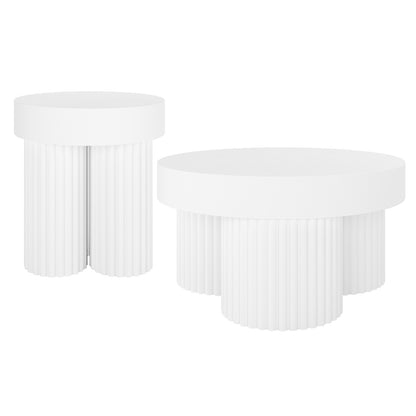 Basalt & Salvo Outdoor Concrete Coffee Table Set in White features a tall, narrow table with semi-circular fluted legs and a larger, lower table with three clover-arranged fluted columns.