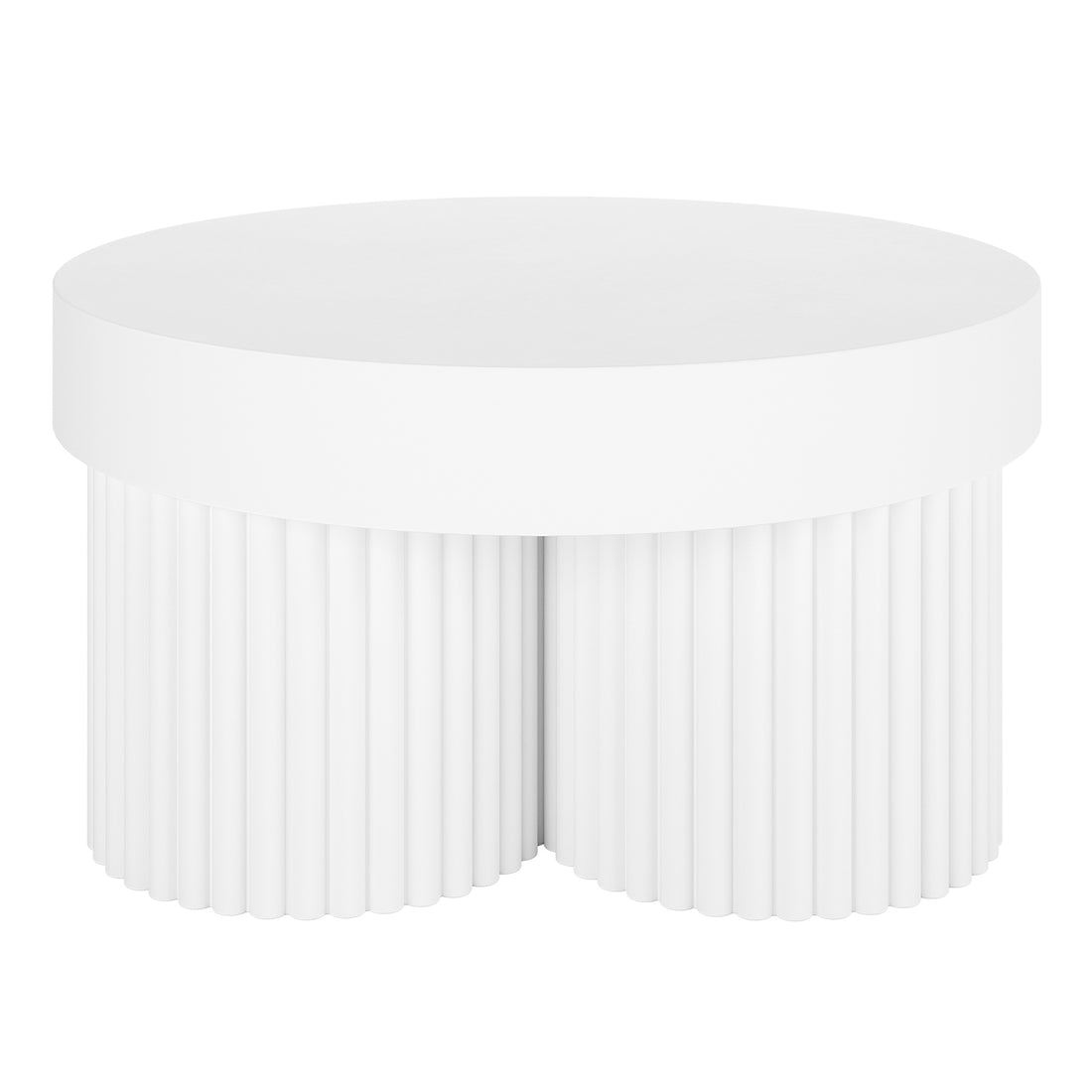 Basalt & Salvo Outdoor Concrete Coffee Table Set in White, featuring a circular top and two drum-like, fluted column legs with vertical slats, showcasing a modern, minimalist design.