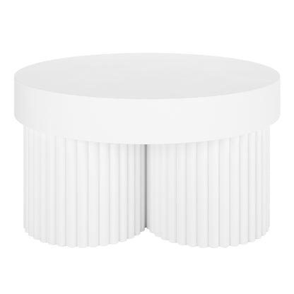 Basalt & Salvo Outdoor Concrete Coffee Table Set in White, featuring a circular top and two drum-like, fluted column legs with vertical slats, showcasing a modern, minimalist design.