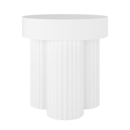 Minimalist white pedestal table with a circular top and fluted base, part of the Basalt & Salvo Outdoor Concrete Coffee Table Set in White, showcasing classical design elements for versatile indoor-outdoor use.