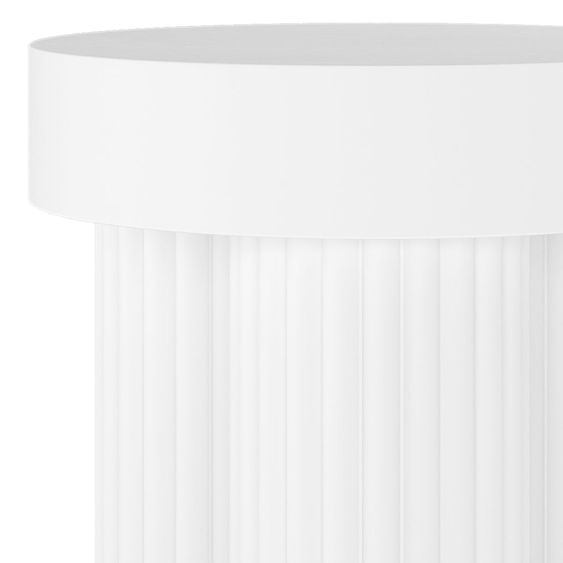 Close-up of the Basalt & Salvo Outdoor Concrete Coffee Table Set in White, showcasing its cylindrical form with vertical flutes, resembling a pleated drum or column shaft.