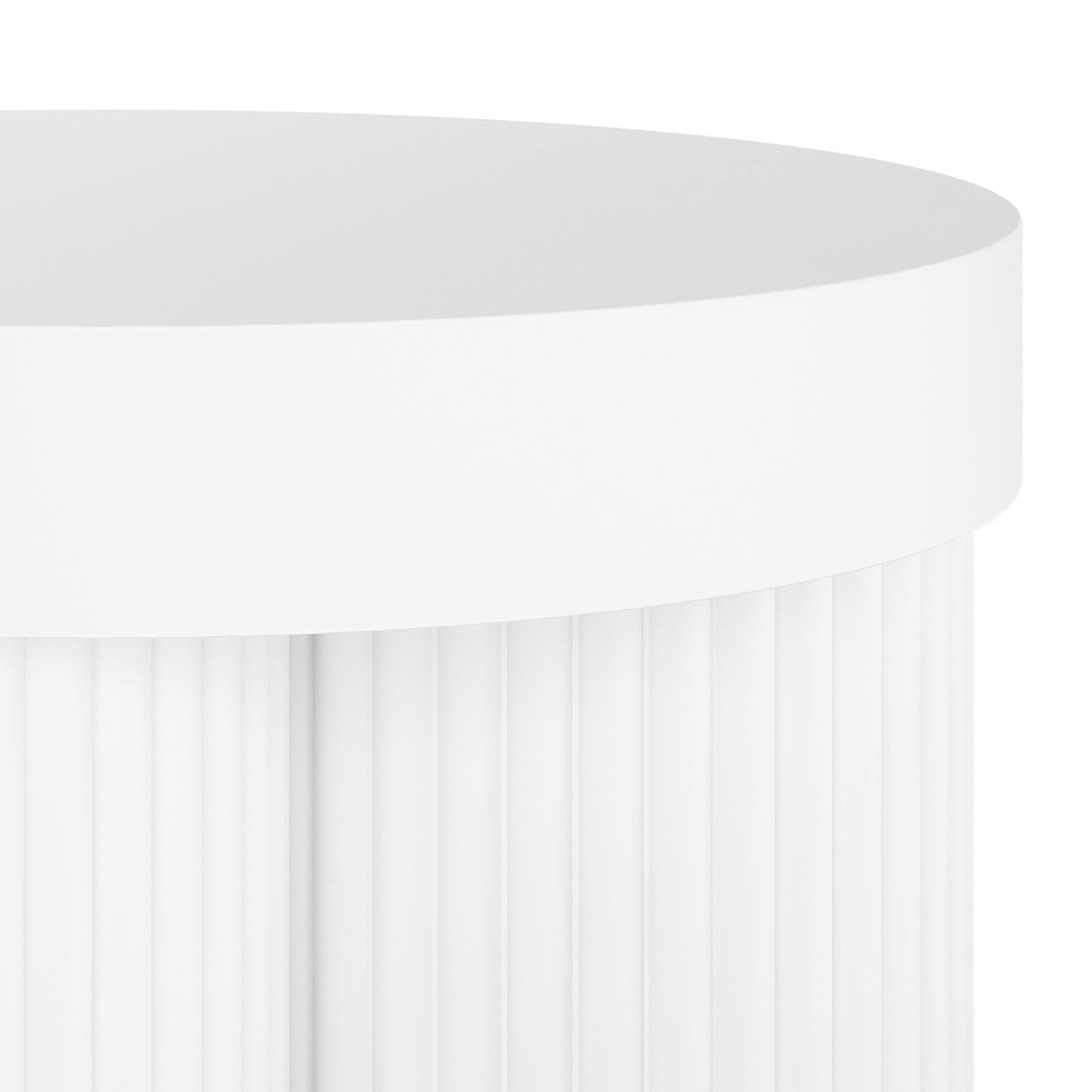 Close-up of a white, cylindrical pleated filter cartridge, resembling a component of the Basalt & Salvo Outdoor Concrete Coffee Table Set in White, showcasing tightly spaced vertical pleats and a smooth plastic end cap.