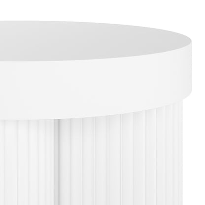 Close-up of a white, cylindrical pleated filter cartridge, resembling a component of the Basalt & Salvo Outdoor Concrete Coffee Table Set in White, showcasing tightly spaced vertical pleats and a smooth plastic end cap.