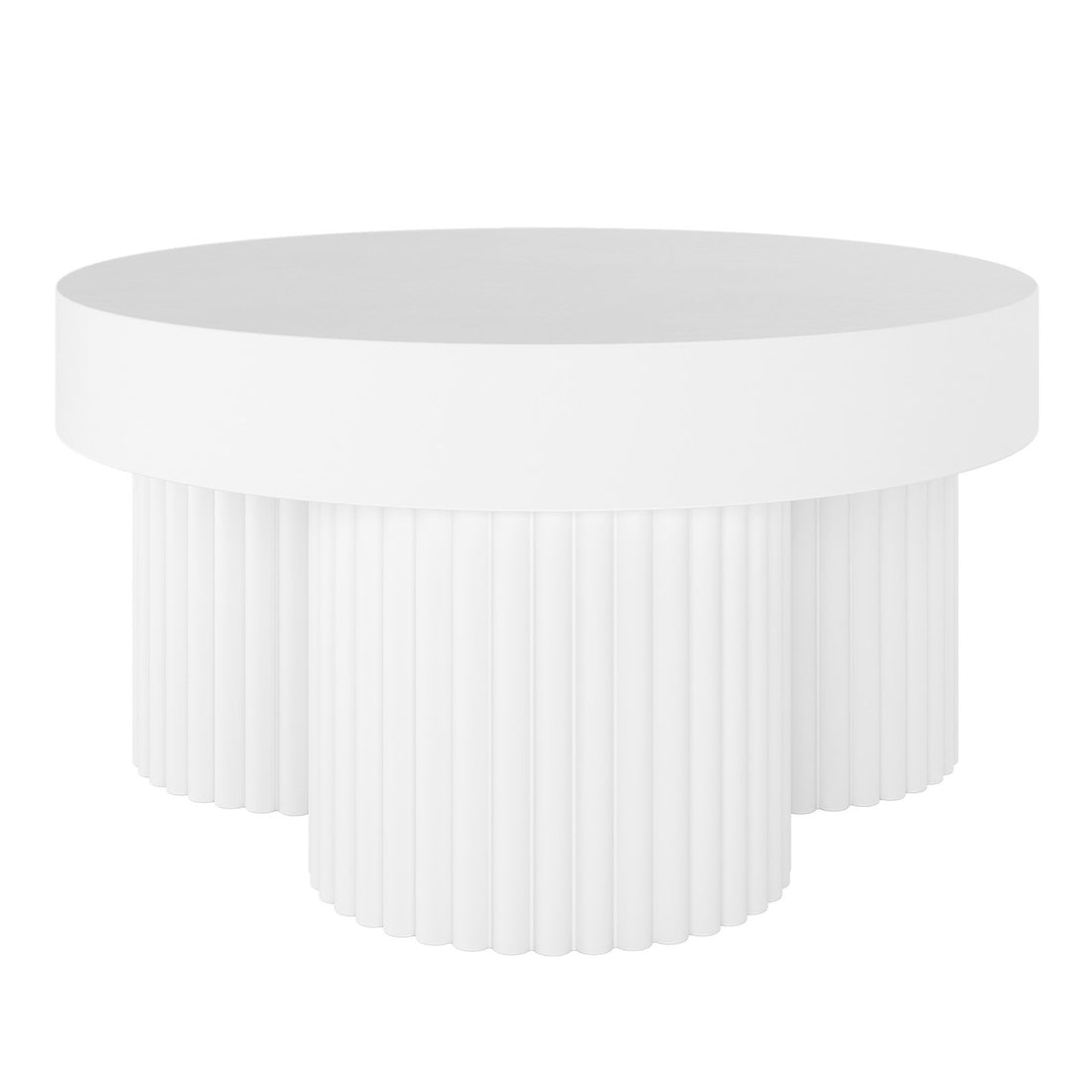 Basalt 70cm Indoor & Outdoor Concrete Coffee Table in White features a round top and sculptural column-like base made of vertical flutes, showcasing a modern and elegant design.