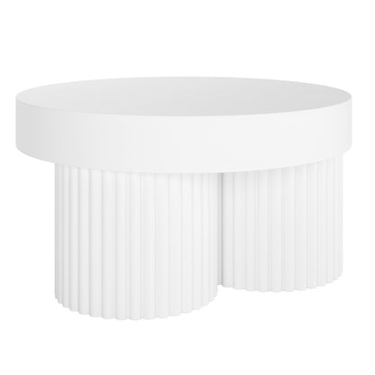 Basalt 70cm Indoor & Outdoor Concrete Coffee Table in White features a minimalist round top on fluted cylindrical bases, ideal for versatile indoor and outdoor use.