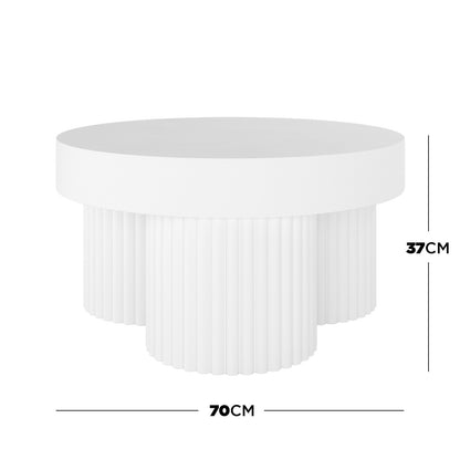 Basalt 70cm Indoor & Outdoor Concrete Coffee Table in White with a smooth circular top and sculptural fluted cylindrical legs; designed for durability and versatility in both indoor and outdoor settings.