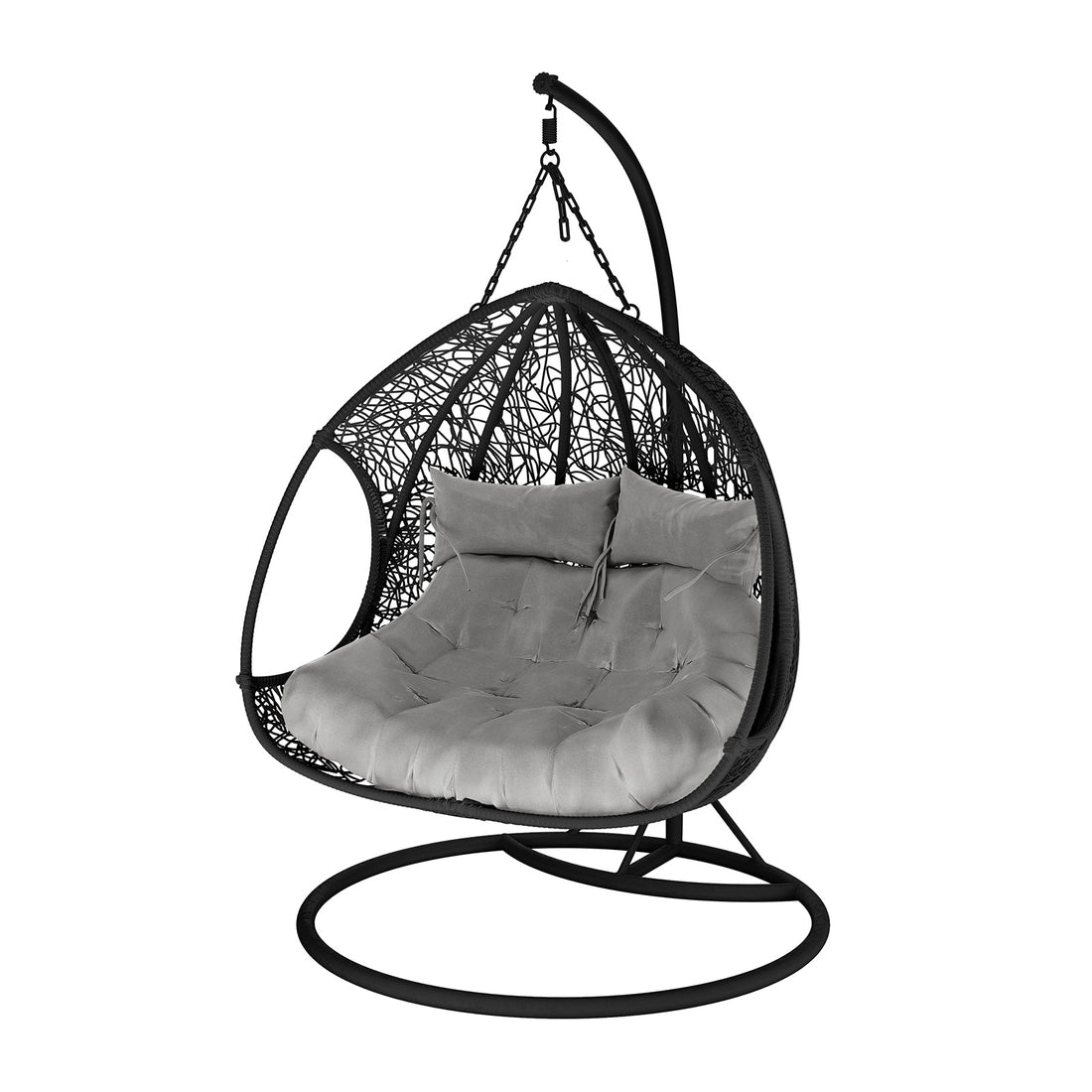 Basin 2-Seater Hanging Egg Chair with Cushion in Black, featuring a woven rattan-style frame on a metal stand, showcasing a plush tufted cushion for comfortable seating.