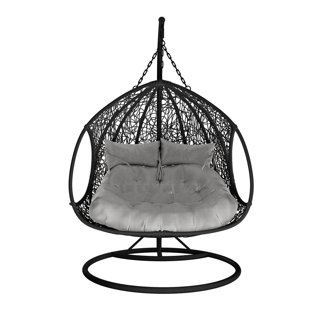 Basin 2-Seater Hanging Egg Chair with Cushion in Black features a black metal frame, woven shell, and plush seat with back pillows, suspended by a chain on a round base.