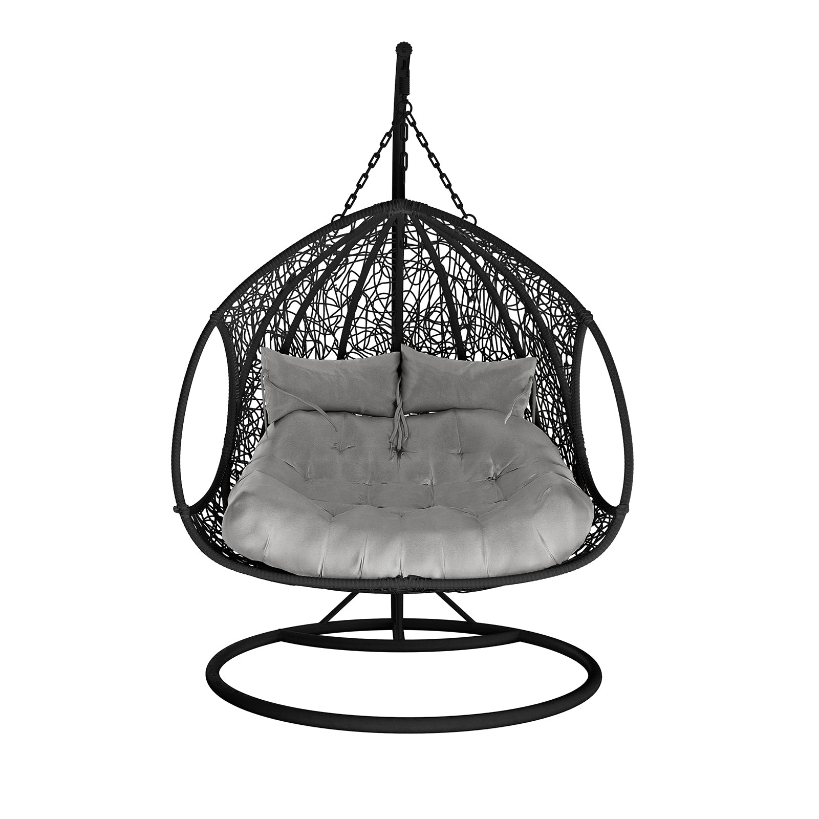 Basin 2-Seater Hanging Egg Chair with Cushion in Black features a black metal frame, woven shell, and plush seat with back pillows, suspended by a chain on a round base.