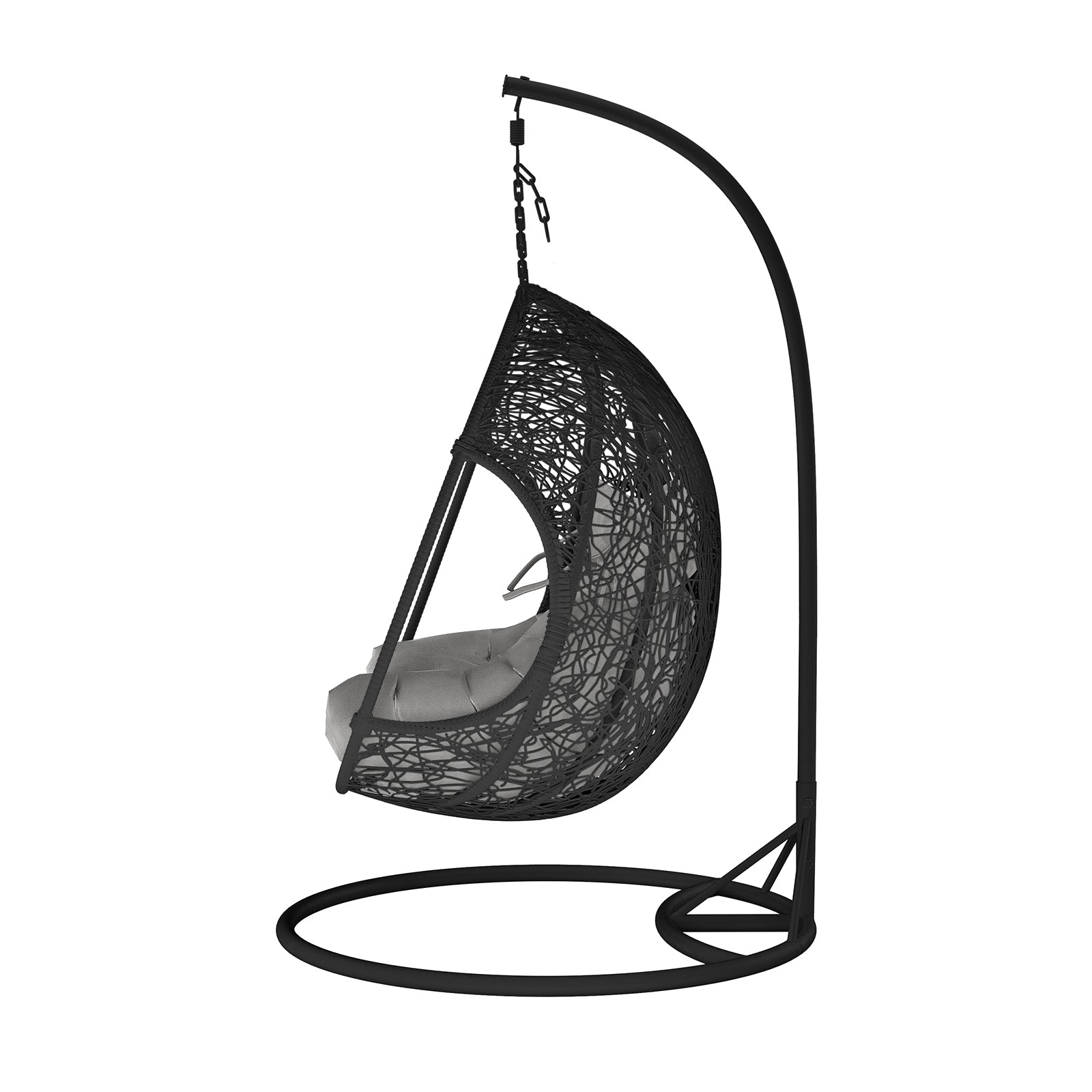 Basin Two-Seater Hanging Egg Chair with Cushion, featuring a woven egg-shaped seat suspended by a chain from a curved metal support, includes a plush padded cushion for comfort.