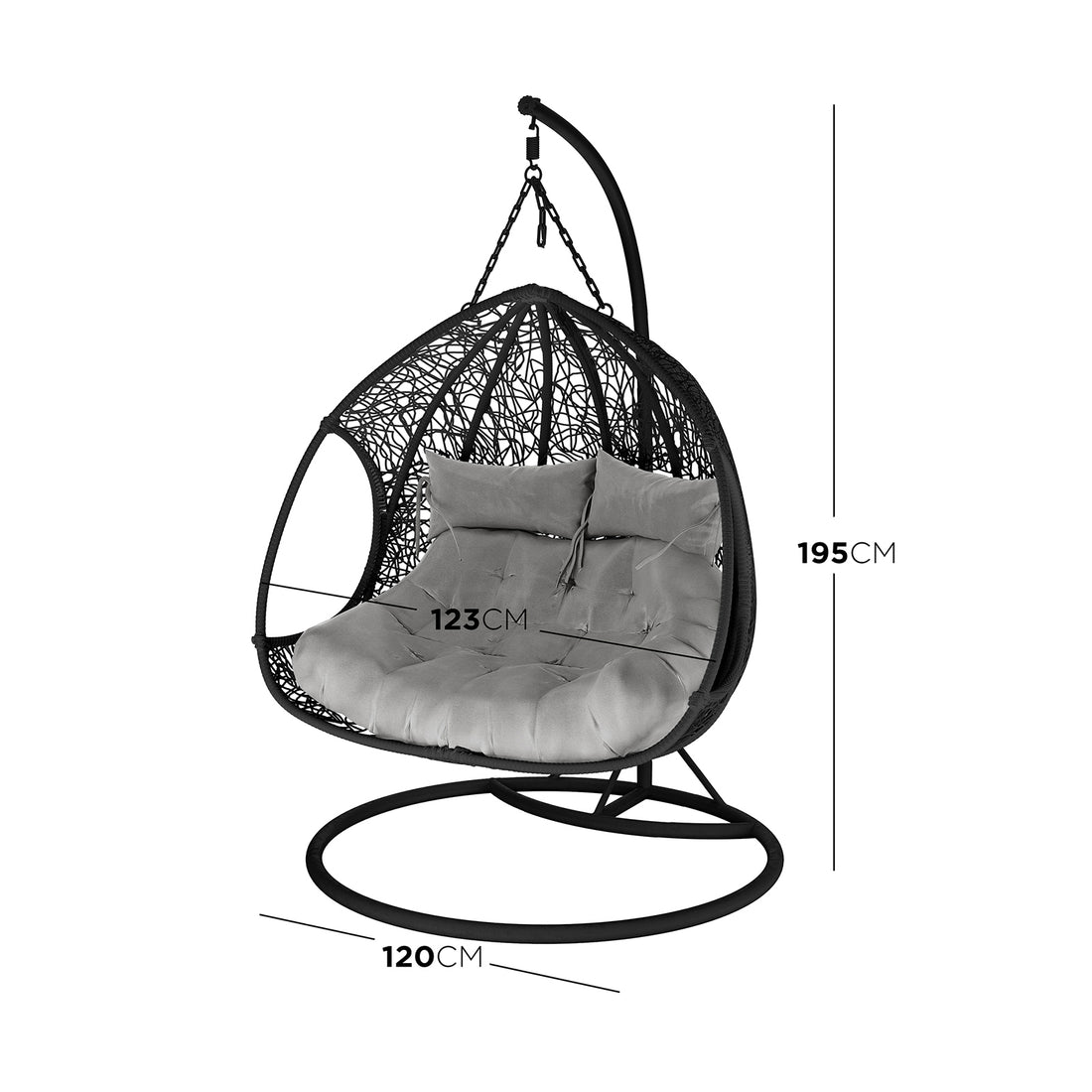 Basin 2-Seater Hanging Egg Chair with Cushion in Black features a freestanding design with a circular metal base, curved support arm, woven chair shell, and plush tufted cushion, perfect for indoor or patio lounging.