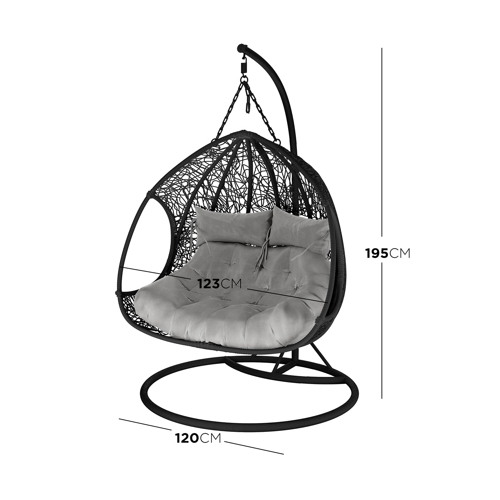 Basin 2-Seater Hanging Egg Chair with Cushion in Black features a freestanding design with a circular metal base, curved support arm, woven chair shell, and plush tufted cushion, perfect for indoor or patio lounging.