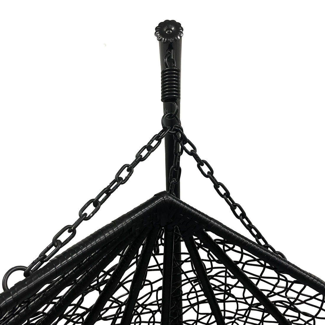 Basin Two-Seater Hanging Egg Chair with Cushion features a ceiling-mounted bolt, coiled spring, dual chains, and a wicker-wrapped metal frame, showcasing a sturdy and stylish seating option.