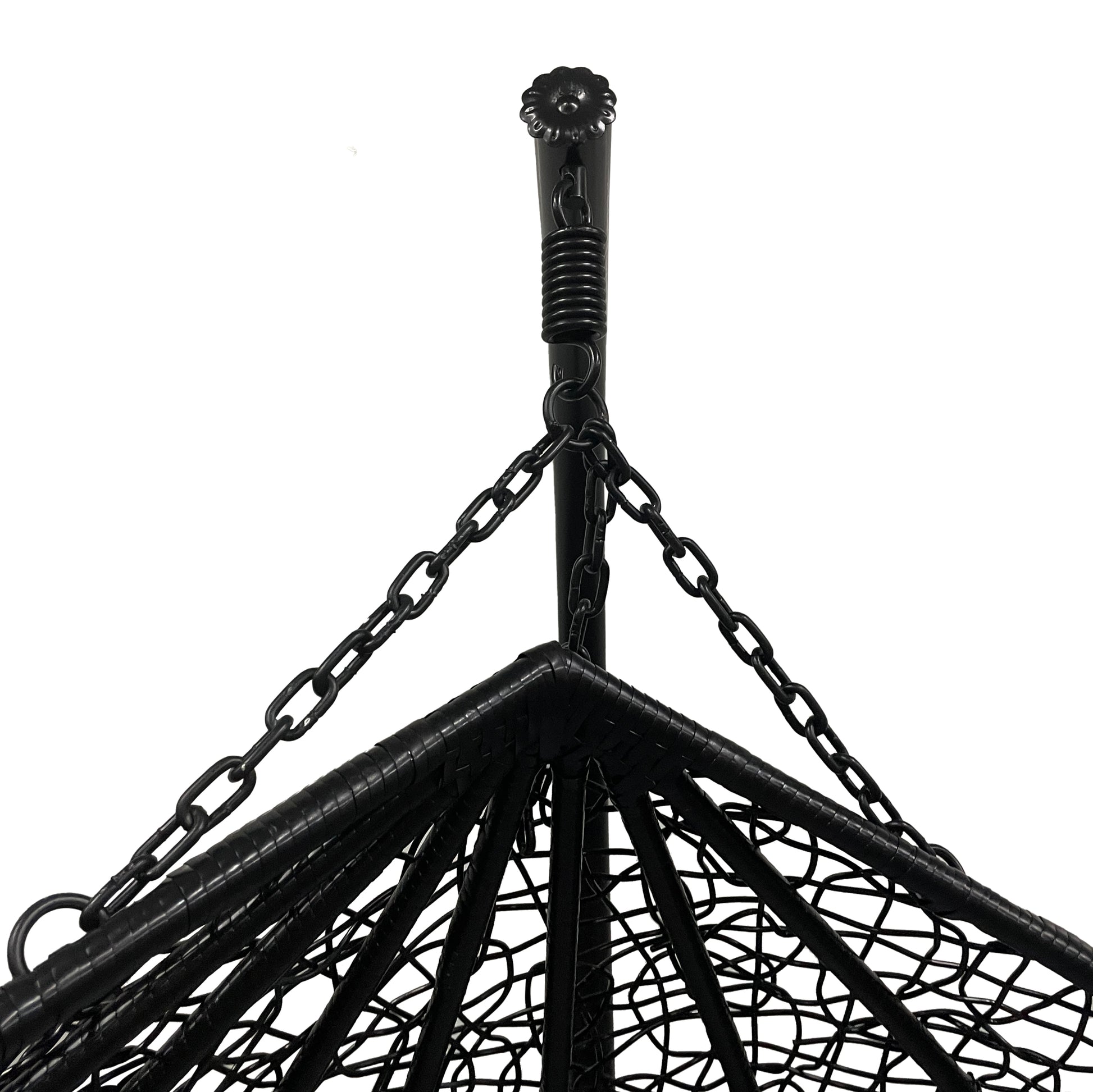 Basin Two-Seater Hanging Egg Chair with Cushion features a ceiling-mounted bolt, coiled spring, dual chains, and a wicker-wrapped metal frame, showcasing a sturdy and stylish seating option.