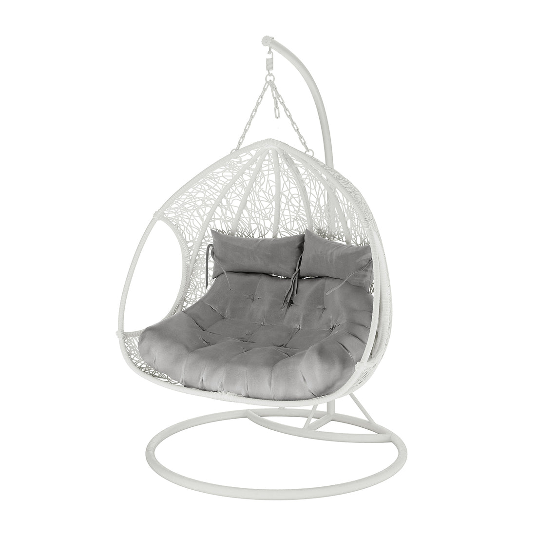 Basin 2-Seater Hanging Egg Chair with Cushion in White, featuring a woven open-lace pattern and sturdy metal base, includes a thick tufted cushion and two lumbar pillows for comfort.