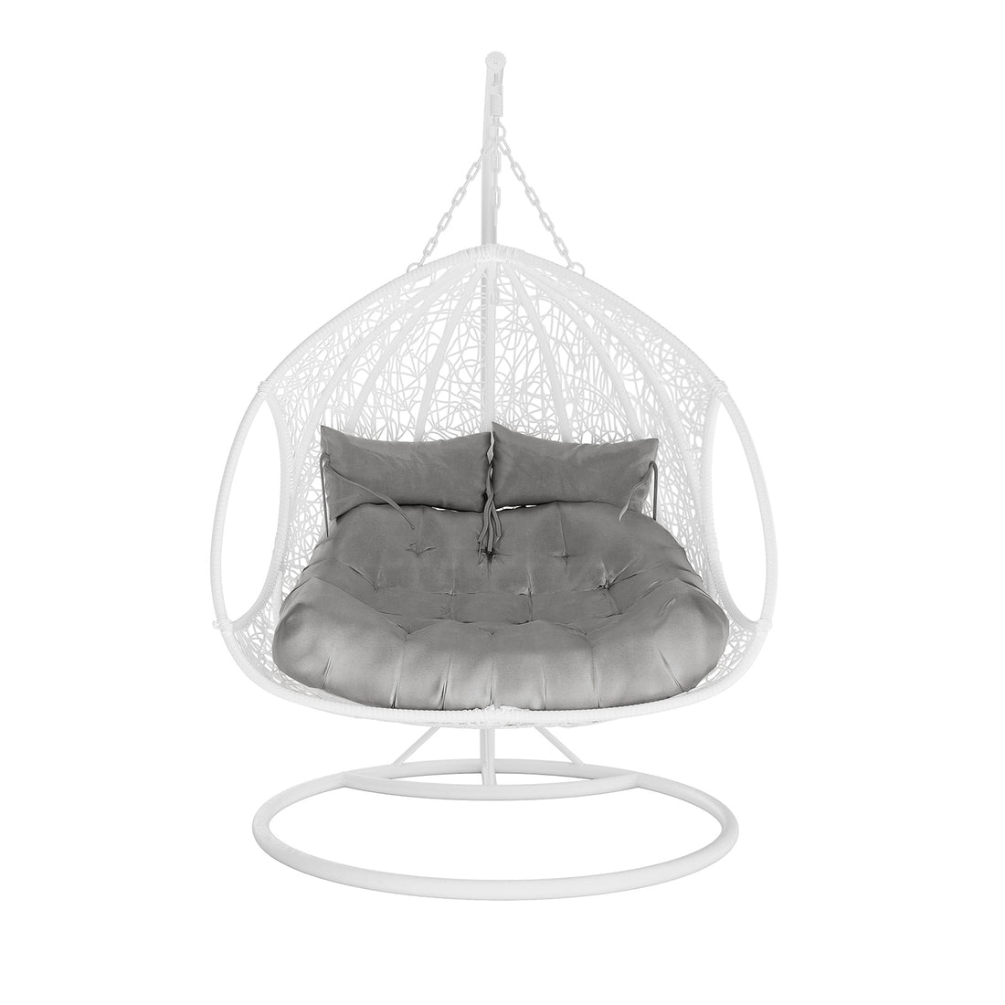 Basin 2-Seater Hanging Egg Chair with Cushion in White features a woven frame and a matching metal stand, fitted with a large tufted cushion, ideal for indoor or outdoor relaxation.