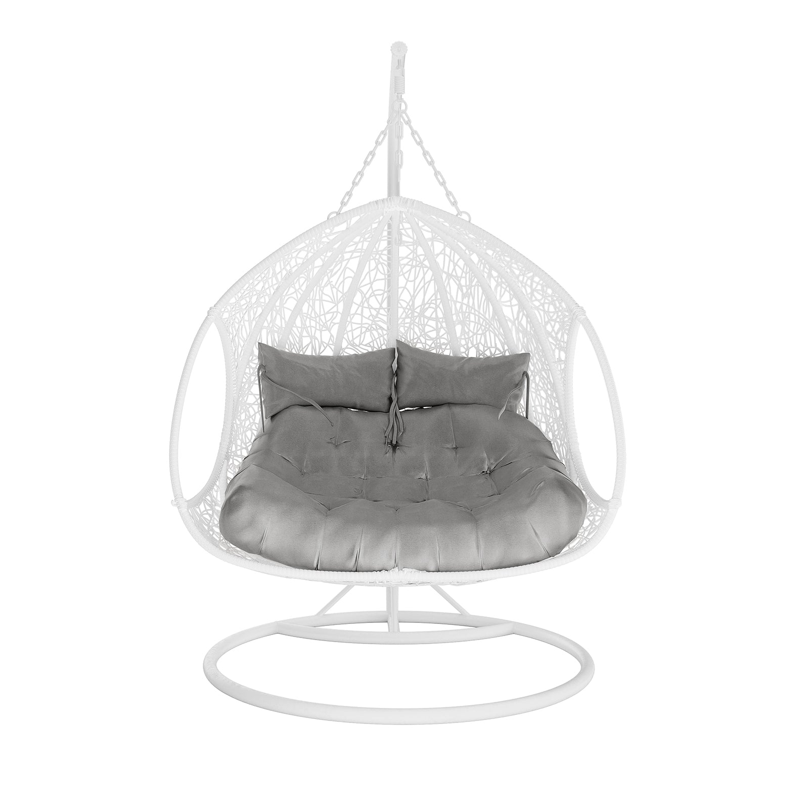 Basin 2-Seater Hanging Egg Chair with Cushion in White features a woven frame and a matching metal stand, fitted with a large tufted cushion, ideal for indoor or outdoor relaxation.